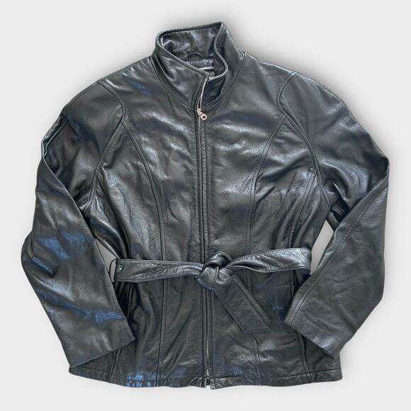 Vintage Wilsons Belted Leather Jacket Black Tie Waist Women's size Medium Edgy - Picture 2 of 14